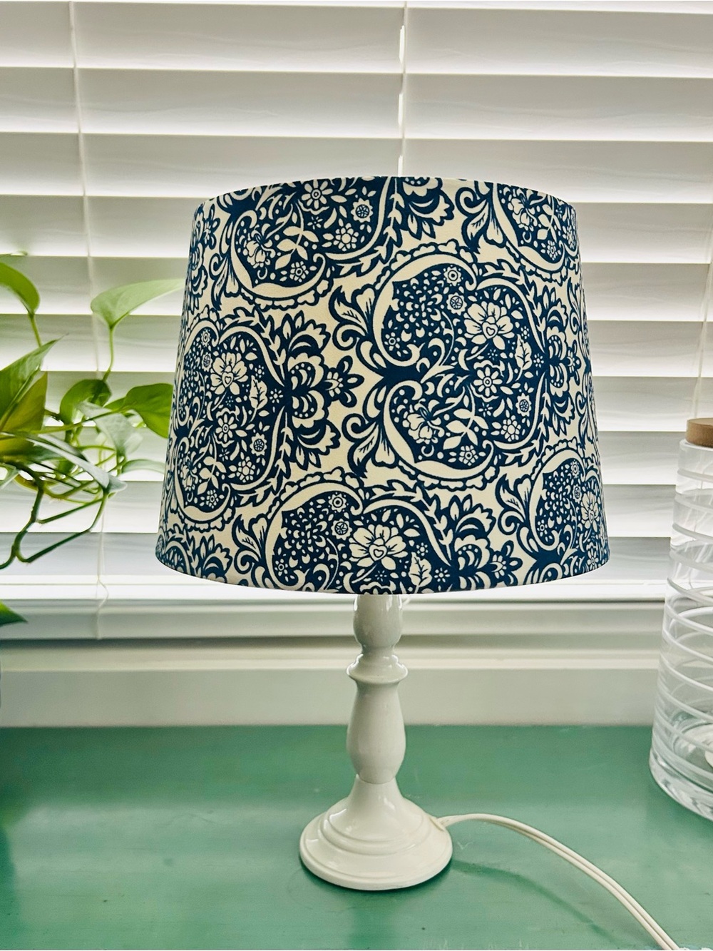 White Table Lamp Navy Floral Shade  Paisley design Print